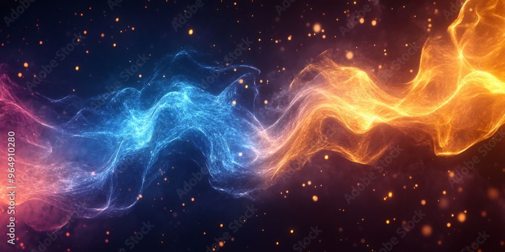 Wall mural Abstract digital background with blue and orange glowing waves.