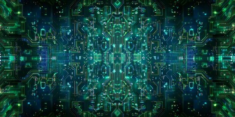 Fototapeta premium Abstract digital background with glowing green and blue circuit board pattern.