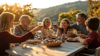 Fototapeta premium Happy Family Enjoying Meal and Wine Outdoors at Sunset