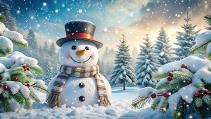 Joyful winter scene featuring a smiling snowman adorned with a festive top hat, scarf, and carrot nose, surrounded by snowflakes and evergreen branches.