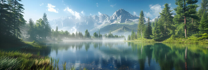 Fototapeta premium Serene Reflections: A Tranquil Lake Surrounded by a Forested Paradise Amidst Misty Mountains