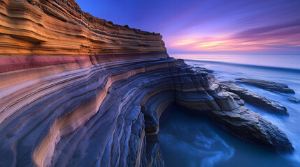 Coastal Cliff with Multi-colored Eroded Rock Formations and Crystal-Clear Waves at Sunset