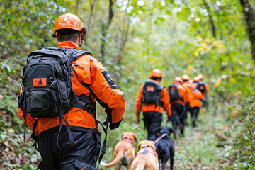 missing children search investigation, a search and rescue team with dogs, preparing to comb through a wooded area