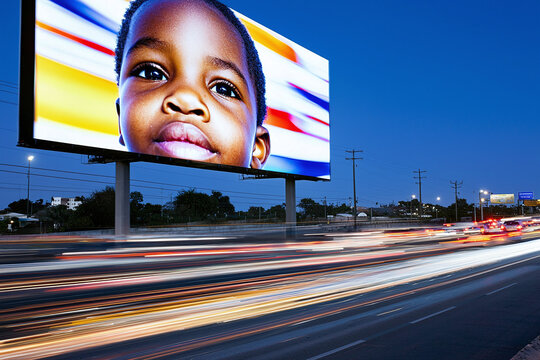 missing, children, a billboard featuring information about a missing child, prominently displayed over a busy highway - Powered by Adobe