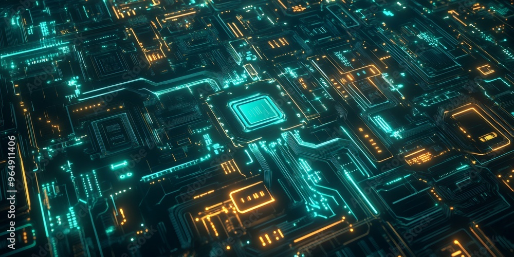 Poster abstract digital circuit board with glowing lines.