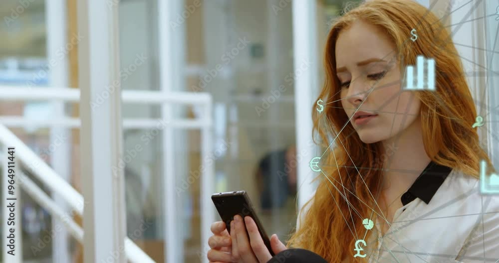 Poster animation of globe with network and icons over caucasian woman using smartphone