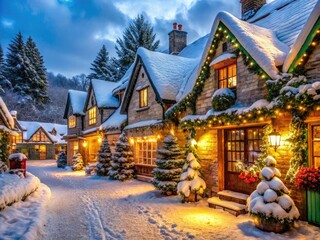 Fototapeta premium Snow-covered cottages and shops adorned with festive lights and wreaths, surrounded by snowflakes and evergreen trees, evoke a magical and serene winter wonderland atmosphere.