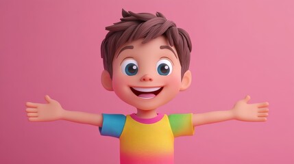 Happy cartoon boy with open arms on pink background, cheerful expression. Children's illustration concept