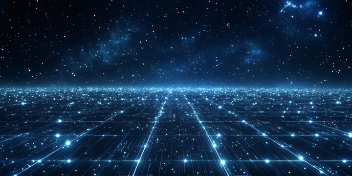 Abstract digital grid with glowing lights and stars in the night sky.