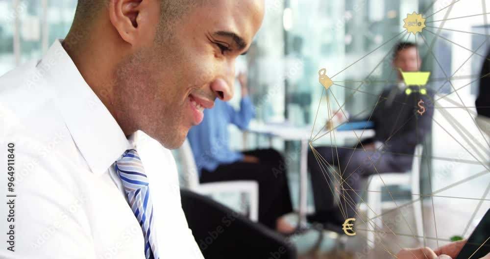 Aufkleber animation of globe with network and icons over biracial businessman using smartphone