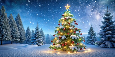 Snowflakes gently fall around a towering Christmas tree adorned with sparkling ornaments and lights, surrounded by a serene winter wonderland scene of snow-covered evergreens.