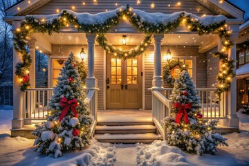 Obraz premium Snowflakes gently fall on a festively decorated wooden porch, adorned with twinkling string lights, garland, and a majestic Christmas wreath on a winter wonderland evening.