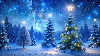 Obraz premium Snowflakes gently fall on a serene winter wonderland scene featuring festive blue-hued decorations, twinkling lights, and a majestic evergreen tree under a starry night sky.
