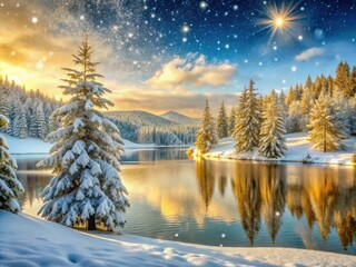 Snowflakes gently fall on a serene winter wonderland scene featuring rolling hills, evergreen trees, and a frozen lake, bathed in warm golden Christmas magic.
