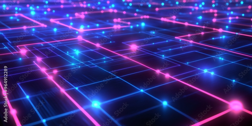 Poster abstract digital network with glowing lines and dots in pink and blue on a dark background.