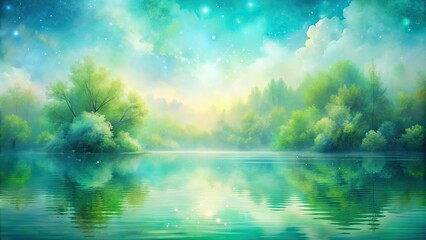 Soft, blended watercolor hues of calming green and soothing blue mingle in a dreamy, ethereal abstract background, evoking feelings of serenity and tranquility.
