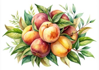 Soft, blended watercolor illustration of ripe peaches, leaves, and twigs in warm, golden hues, evoking a sense of summer sweetness and vintage charm.