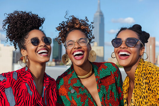 happy African American women with different natural hairstyles - twist-out, wash-and-go, and bantu knots 