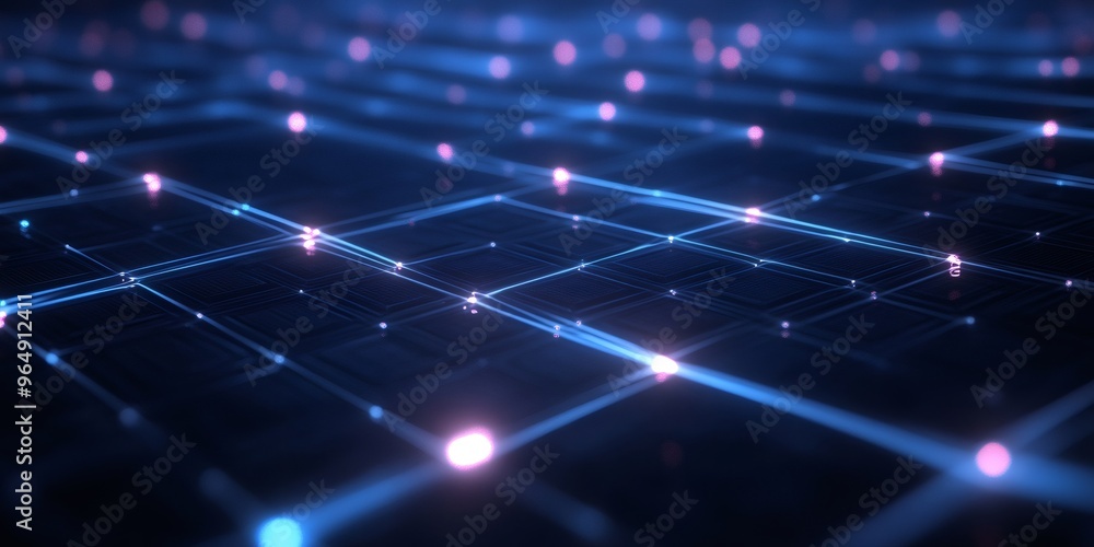 Poster abstract digital network with glowing lines and pink nodes on a dark blue background.