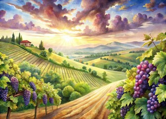 Naklejka premium Soft, dreamy watercolor illustration of a lush vineyard scene, featuring winding vines, plump grapes, and rolling hills under a warm, sunny sky with fluffy clouds.