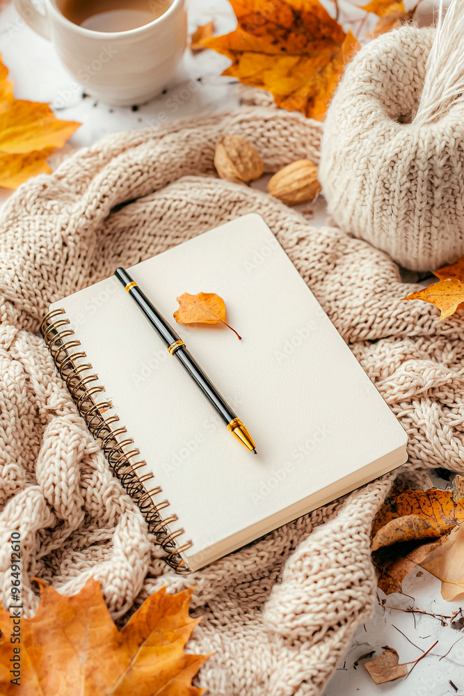 Poster a notebook with a pen and a leaf on it