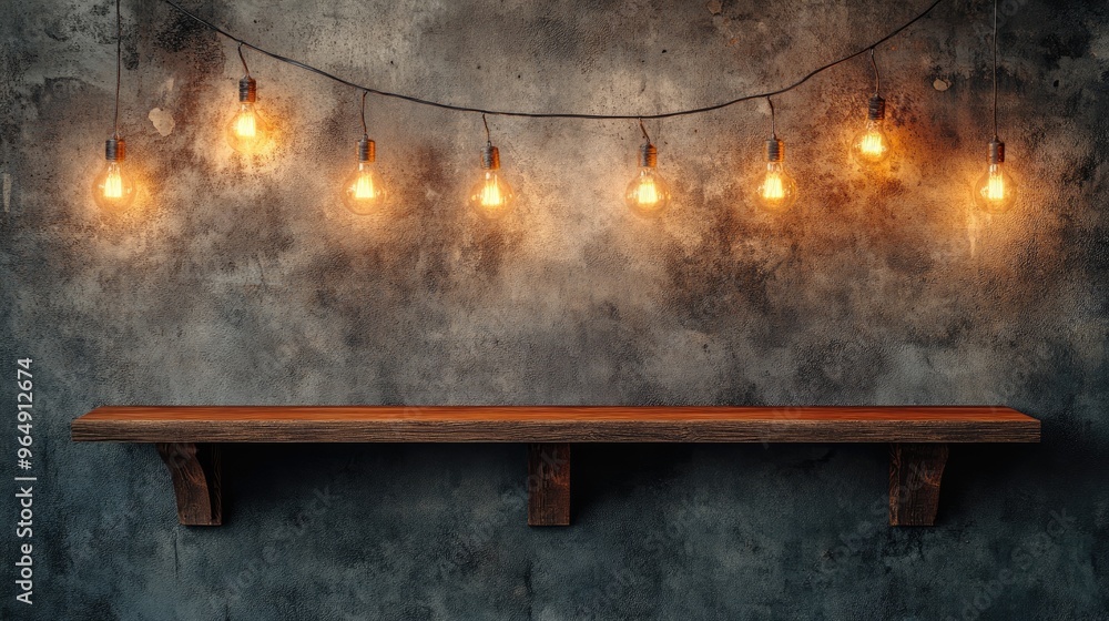 Poster empty rustic shelf with string lights. perfect for displaying products or showcasing your brand.