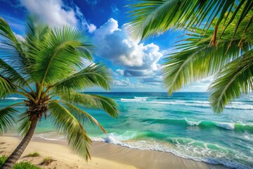 Fototapeta premium Softly blended hues of turquoise, blue, and green evoke a serene beach scene, with gentle waves and wispy palm fronds dancing in the ocean breeze.