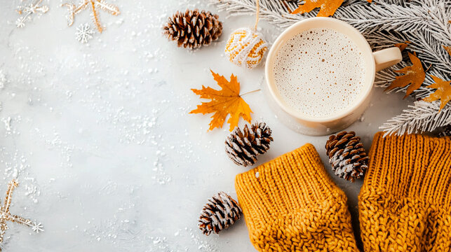 A mug of coffee is surrounded by pine cones and leaves, creating a cozy