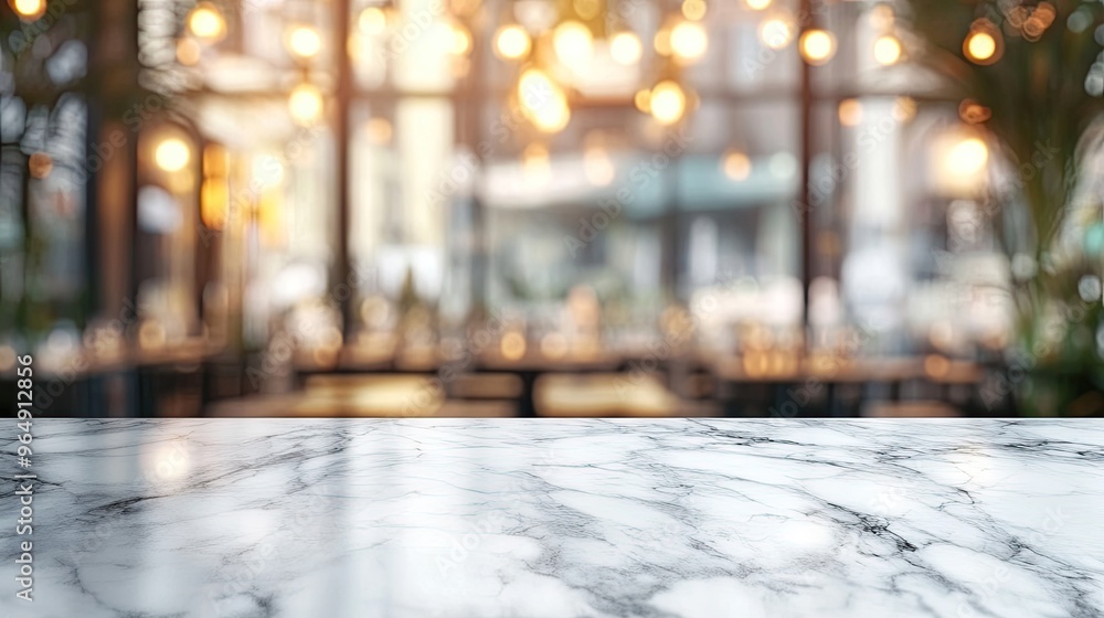 Poster marble tabletop with blurred cafe background. this image can be used to display your product or serv