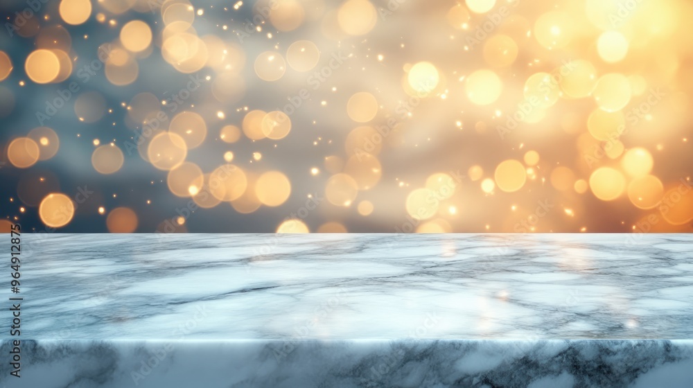 Poster white marble table top with bokeh. perfect for showcasing products in a festive setting.