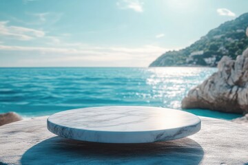 Marble podium on a rock with a blue sea background. Perfect for product display with a beach theme.