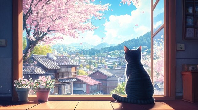 Lofi Cute Cat Kitten Animal Feline Sitting at Window and Looking at Japanese Village with Sunny Day Sakura Tree - Cozy Calm Chill Relax Anime Manga
