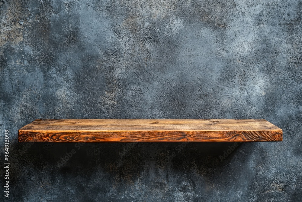 Poster wooden shelf against a gray wall. this image is perfect for showcasing products or creating a rustic