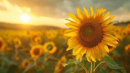Obraz premium Nature's golden canvas: a stunning panorama of sunflowers.Generative AI自然の黄金のキャンバス：ヒマワリの素晴らしいパノラマ.Generative AI