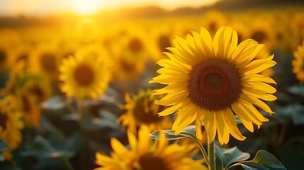 Obraz premium Nature's golden canvas: a stunning panorama of sunflowers.Generative AI自然の黄金のキャンバス：ヒマワリの素晴らしいパノラマ.Generative AI