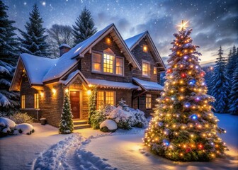 Sparkling snowflakes gently fall on a serene winter evening, illuminating a festively decorated house with twinkling lights, garlands, and a majestic Christmas tree.