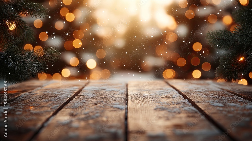 Poster wooden table with snowfall and bokeh. perfect for showcasing winter products and creating a cozy and