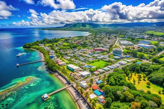 Vibrant color map of Apia, Western Samoa, showcasing city streets, buildings, and waterfront, surrounded by lush green tropical landscape and turquoise ocean views.