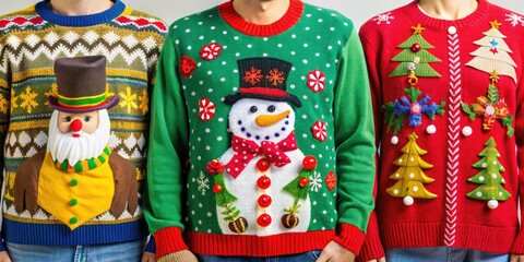 Vibrant, garish, and hilariously tacky holiday sweaters featuring gaudy designs, clashing colors, and over-the-top embellishments that embody the essence of festive fashion disasters.