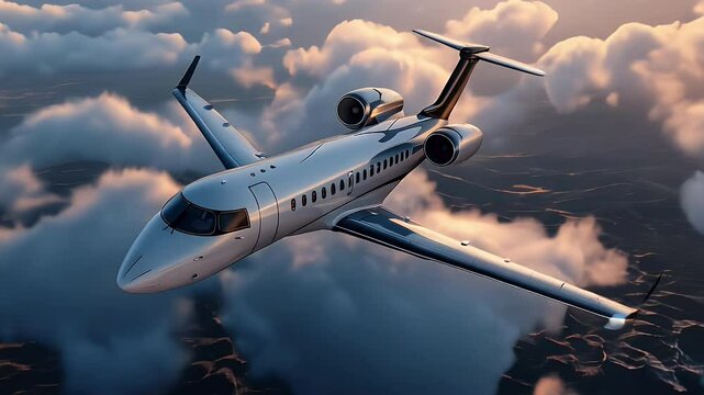 private jet flying at sunrise