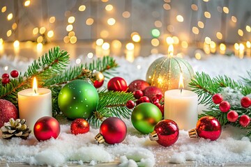 Vibrant red and green ornaments, garlands, and candles decorate a snowy white background, evoking a festive and cozy atmosphere for a joyful winter holiday celebration.