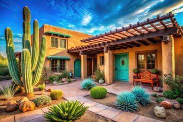 Fototapeta premium Vibrant stucco exterior with terracotta roof, wooden beams, and turquoise accents, nestled among cacti and desert flora, evoking a warm and inviting Southwestern homestead ambiance.