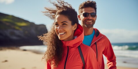 Cheerful athletic senior couple  smiling while running in a  seashore. Generative AI.