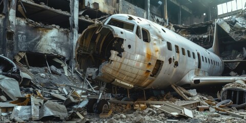 Plane crash, debris on the ground, Generative AI.