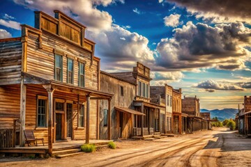 Obraz premium Weathered wooden buildings and crumbling saloons line a dusty, sun-baked main street, evoking nostalgia for a bygone era of cowboy legends and forgotten frontier towns.