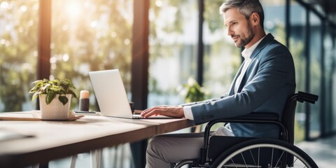 Positive disabled young man in wheelchair working in office. Generative AI.