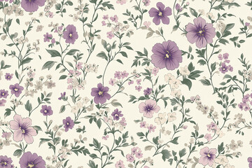 Seamless wallpaper pattern of small, ditsy floral print in muted mauve and sage green on a cream background