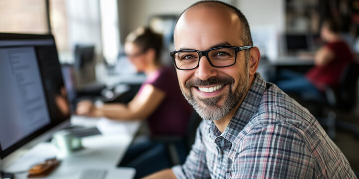 Webentwickler sitzt im B&uuml;ro vor dem Monitor