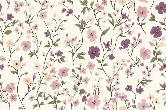 Seamless wallpaper pattern of small, ditsy floral print in muted mauve and sage green on a cream background