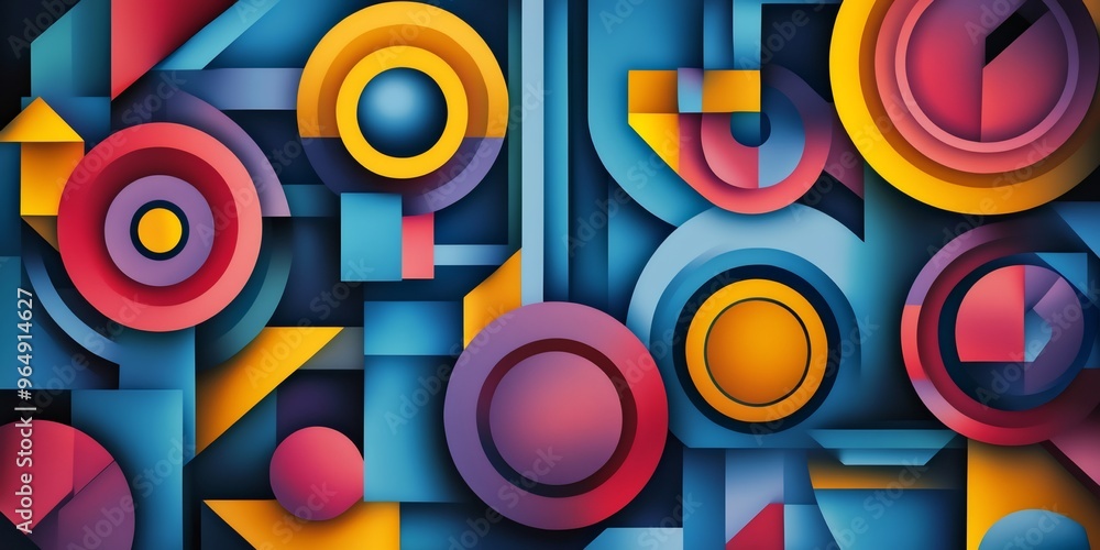 Aufkleber abstract geometric pattern with colorful circles and squares on a black background.